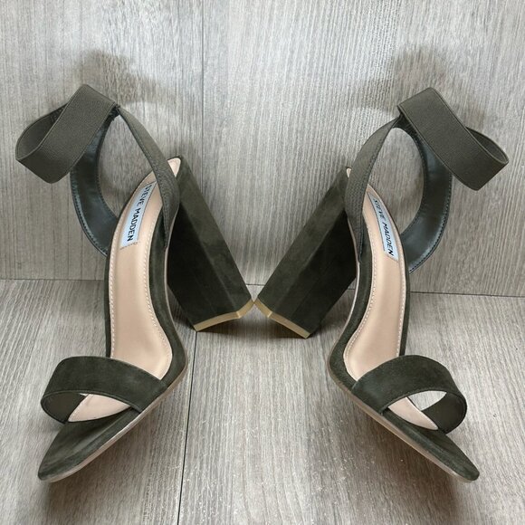 Steve Madden Celebrate Heeled Sandal Womens 9.5M Elastic Ankle Strap Suede Olive - Picture 8 of 13